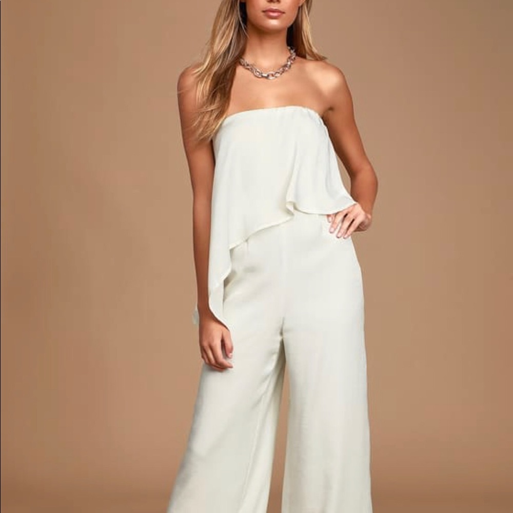 Lulus Raven Cream Satin Strapless WideLeg jumpsuit